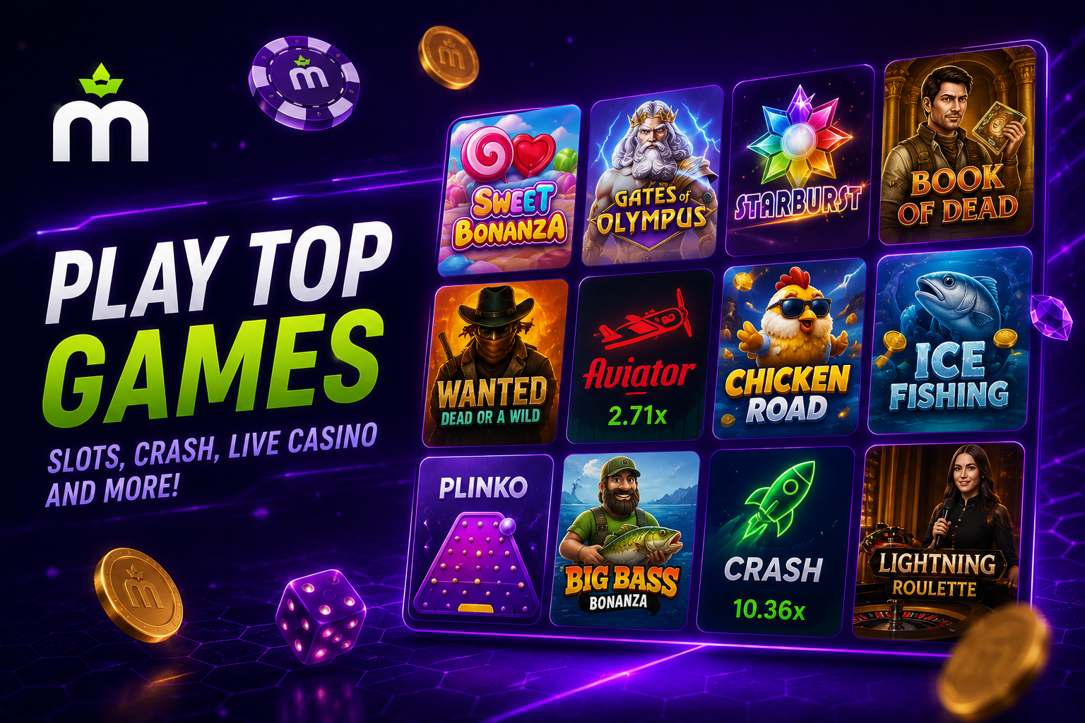 Illustration of a grid of slots and live casino games at MaxWin Casino