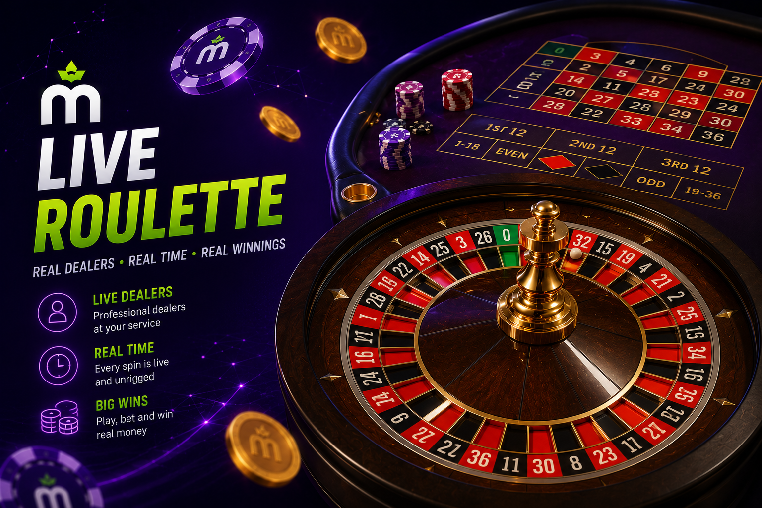 Illustration of a live roulette wheel and cards representing MaxWin Casino's live casino